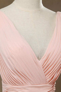 Elegant Plush Pink V-Neck Open Back A-Line Long Bridesmaid Dress