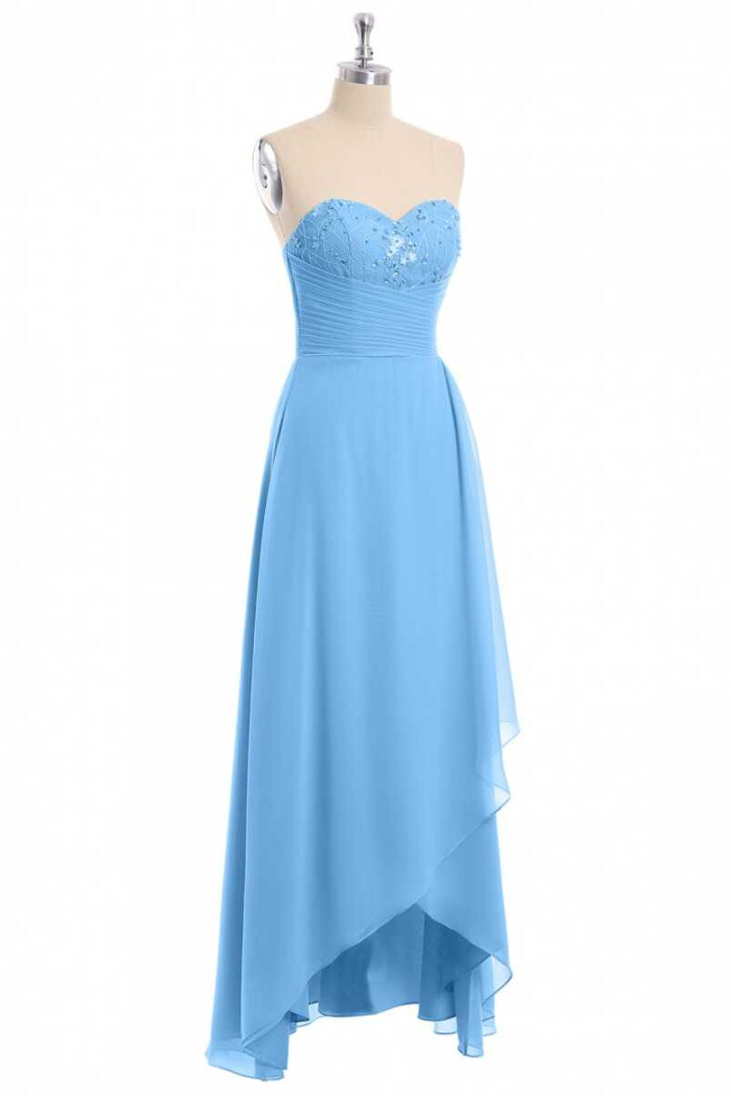 Glitter Blue Chiffon Sweetheart Ruffled Bridesmaid Dress