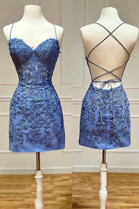Periwinkle Blue Appliques Sweetheart Lace-Up Mini Party Dress