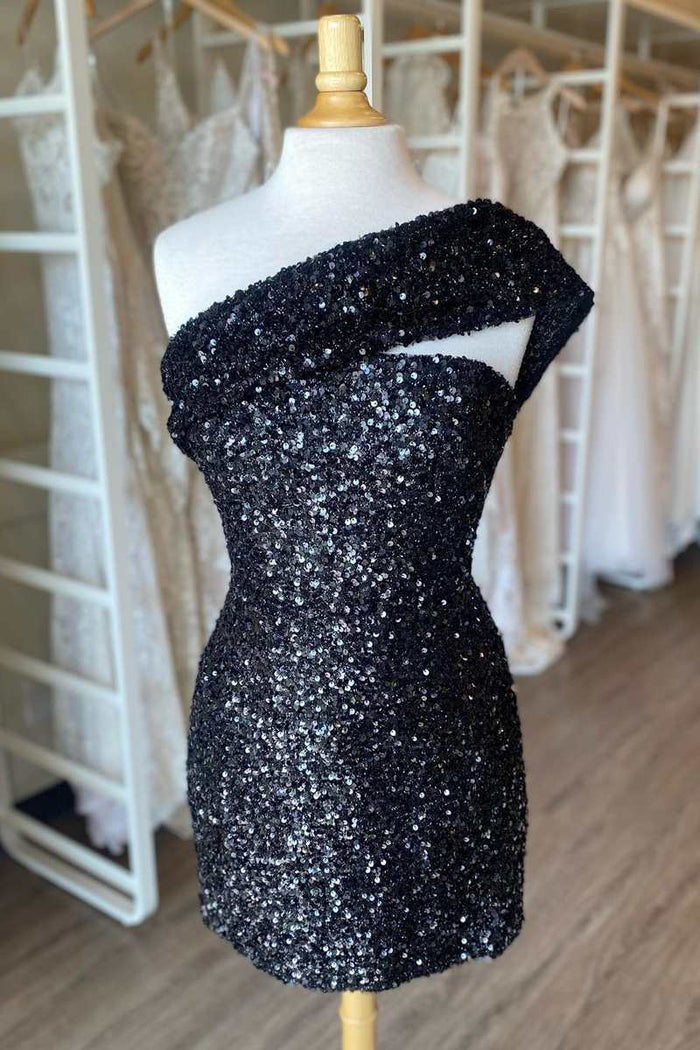 Black Sequin One-Shoulder Mini Party Dress