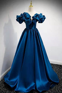 A-Line Dark Blue Off-the-Shoulder Stain Prom Gown