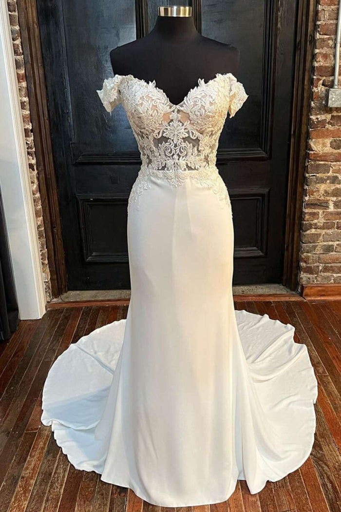 White Lace Off-the-Shoulder Mermaid Long Wedding Gown