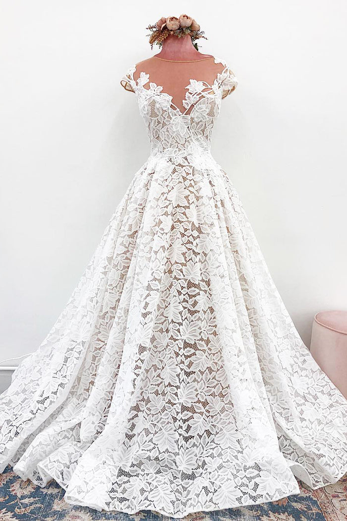 Illusion Neck All Over Lace Wedding Dress with Court Train