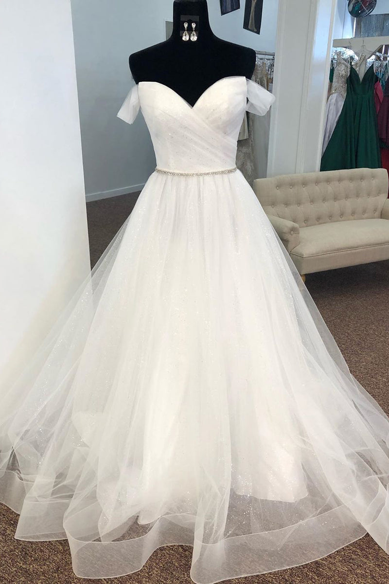 Off the Shoulder Pleated Wedding Dress with Beaded Waist