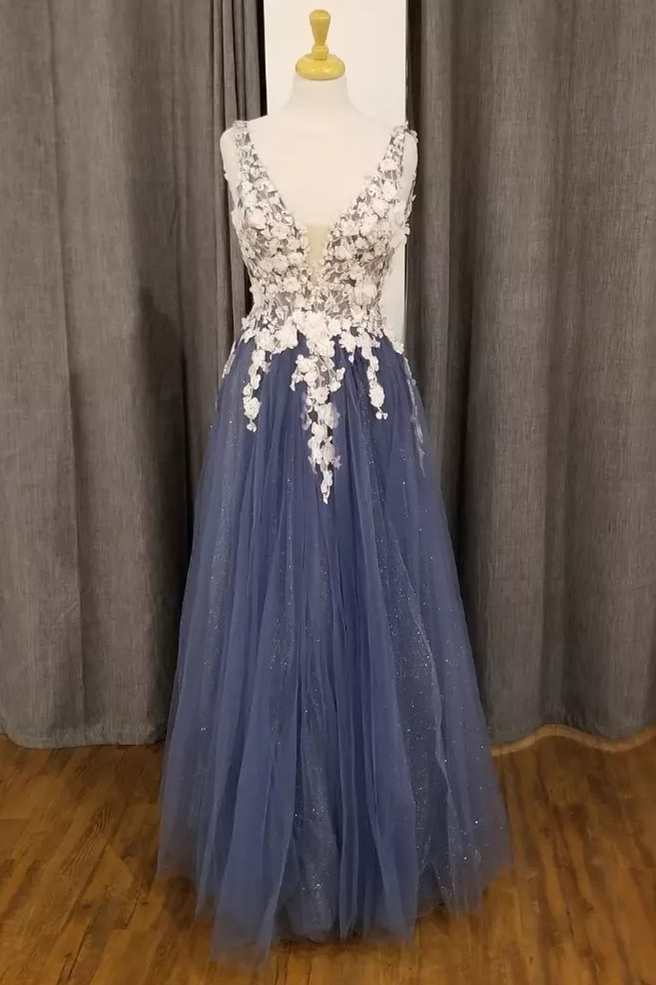 White and Navy 3D Floral Lace Plunge Neck A-Line Prom Dress