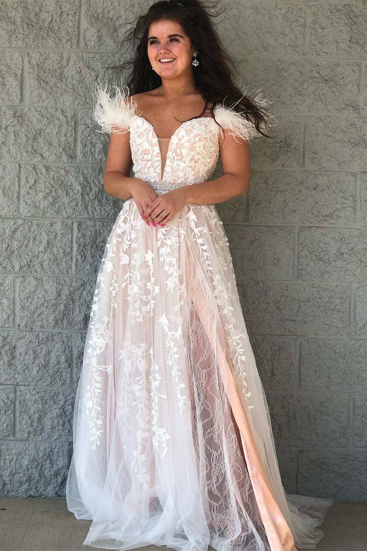 Ivory Appliques Feather Off-the-Shoulder A-Line Prom Gown