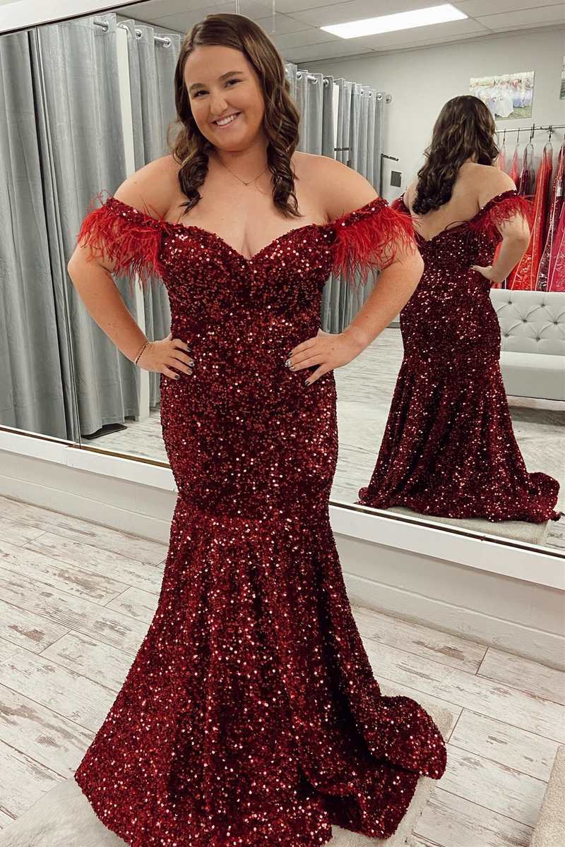 Red Sequin Feather Off-the-Shoulder Trumpet Long Prom Dress