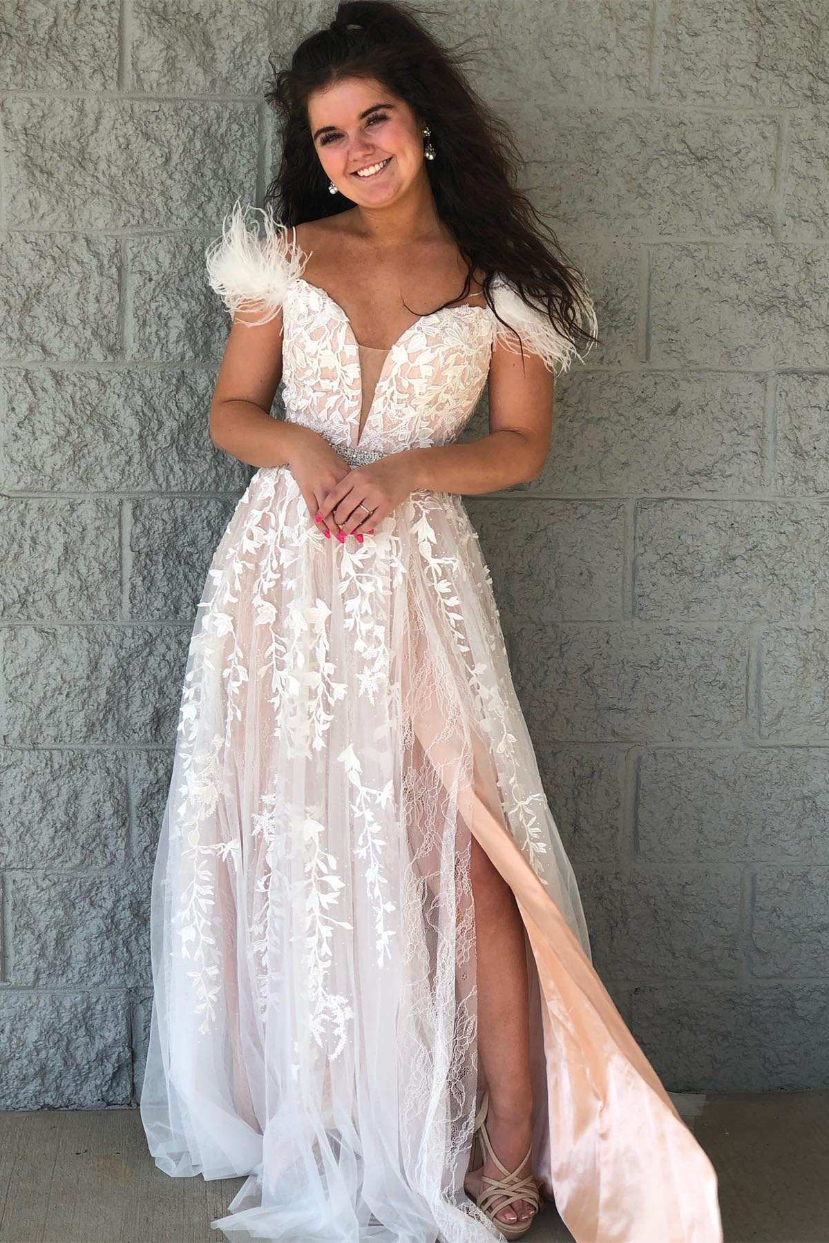 Ivory Appliques Feather Off-the-Shoulder A-Line Prom Gown