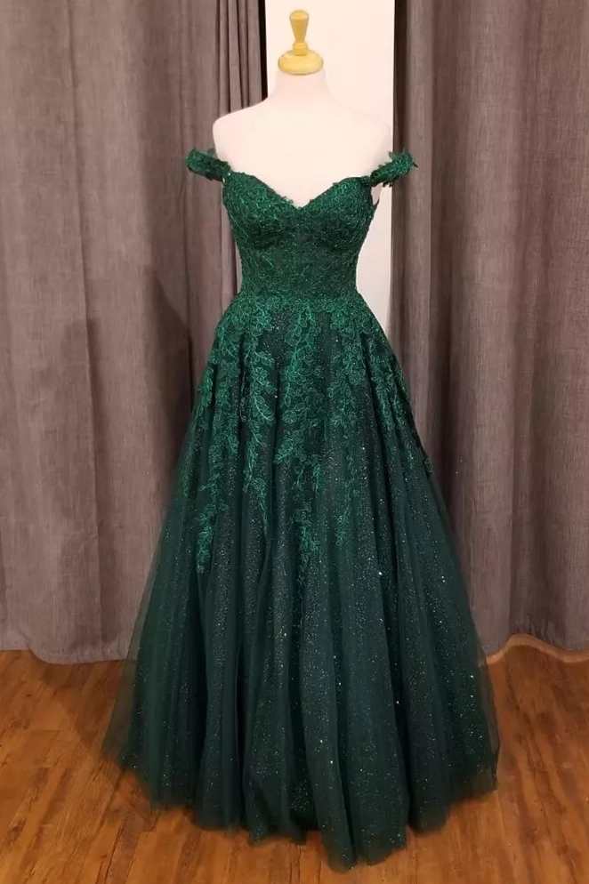 Hunter Green Floral Appliques Off-the-Shoulder A-Line Prom Gown