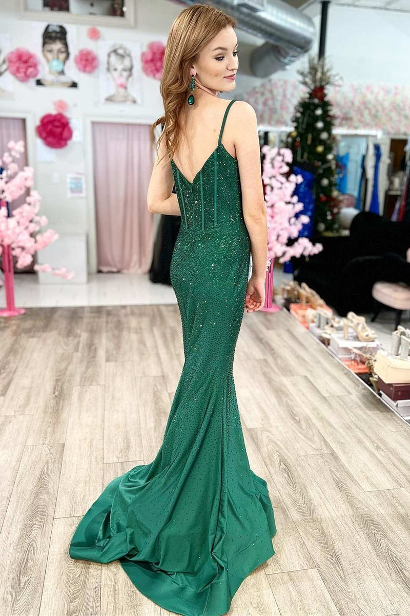 Green Beaded Split Neck Mermaid Long Formal Dress