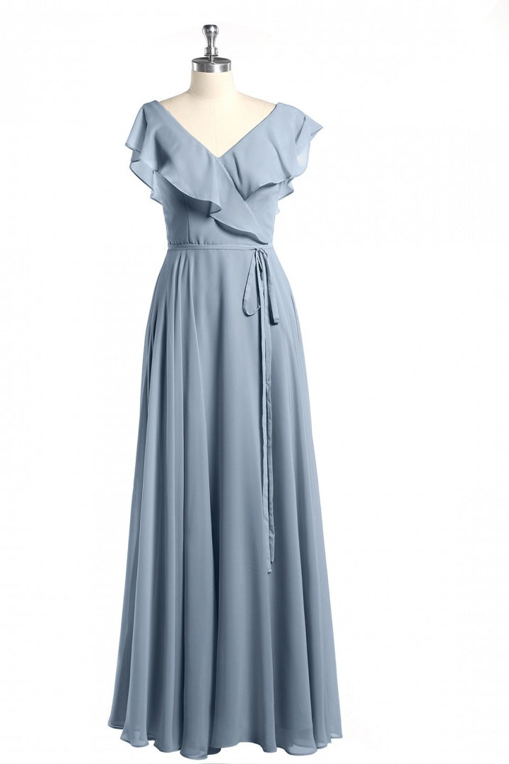 Dusty Blue V-Neck Backless Ruffled A-Line Long Bridesmaid Dress