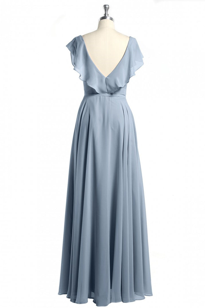 Dusty Blue V-Neck Backless Ruffled A-Line Long Bridesmaid Dress