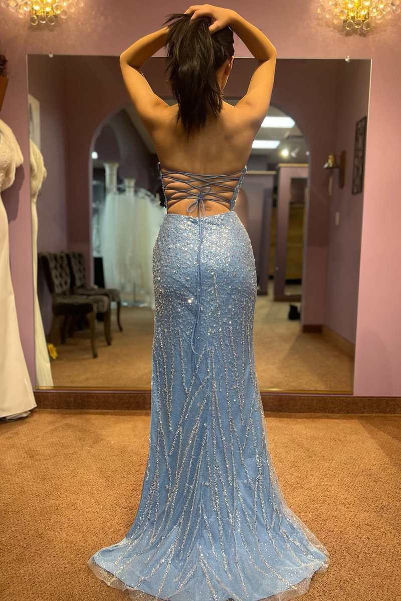 Blue Beaded Strapless Lace-Up Mermaid Long Prom Dress with Slit