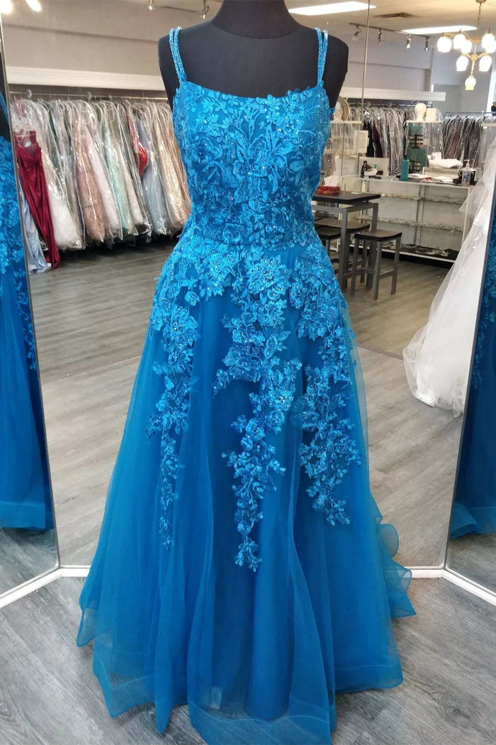Blue Floral Appliques Straps A-Line Prom Gown