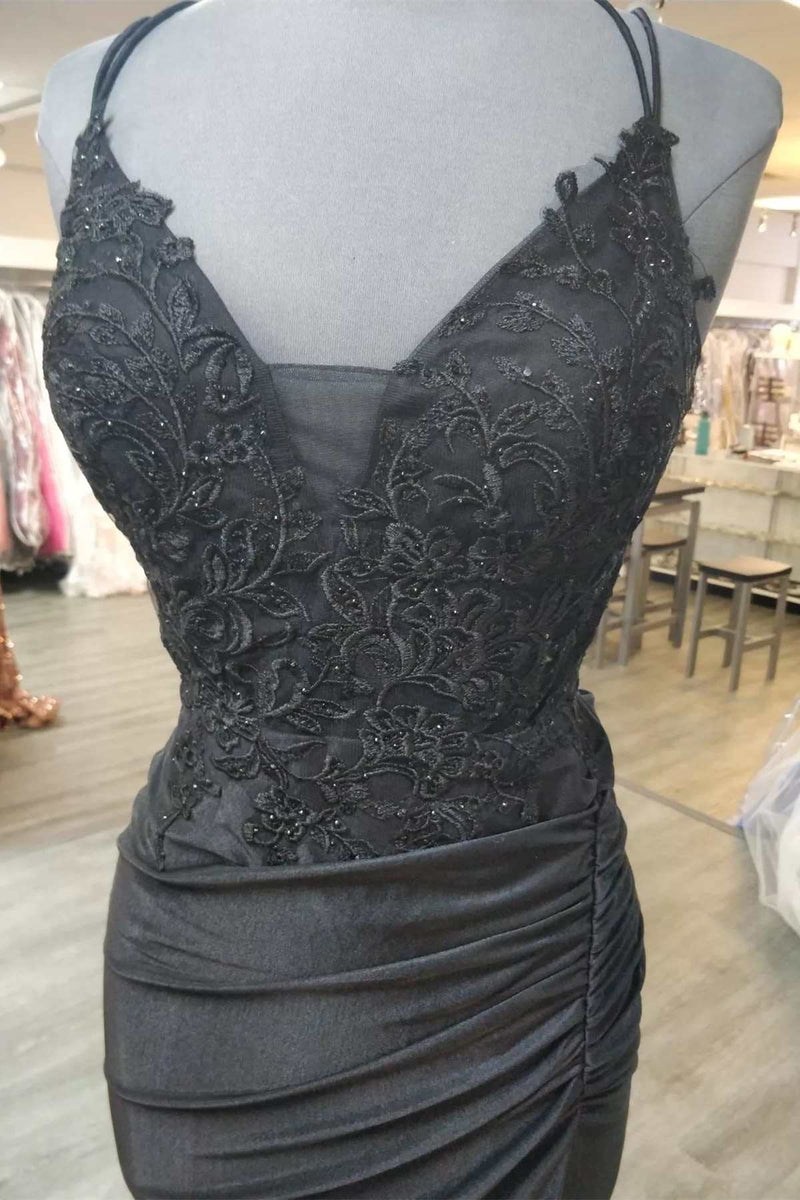 Black Floral Lace V-Neck Mermaid Long Formal Dress
