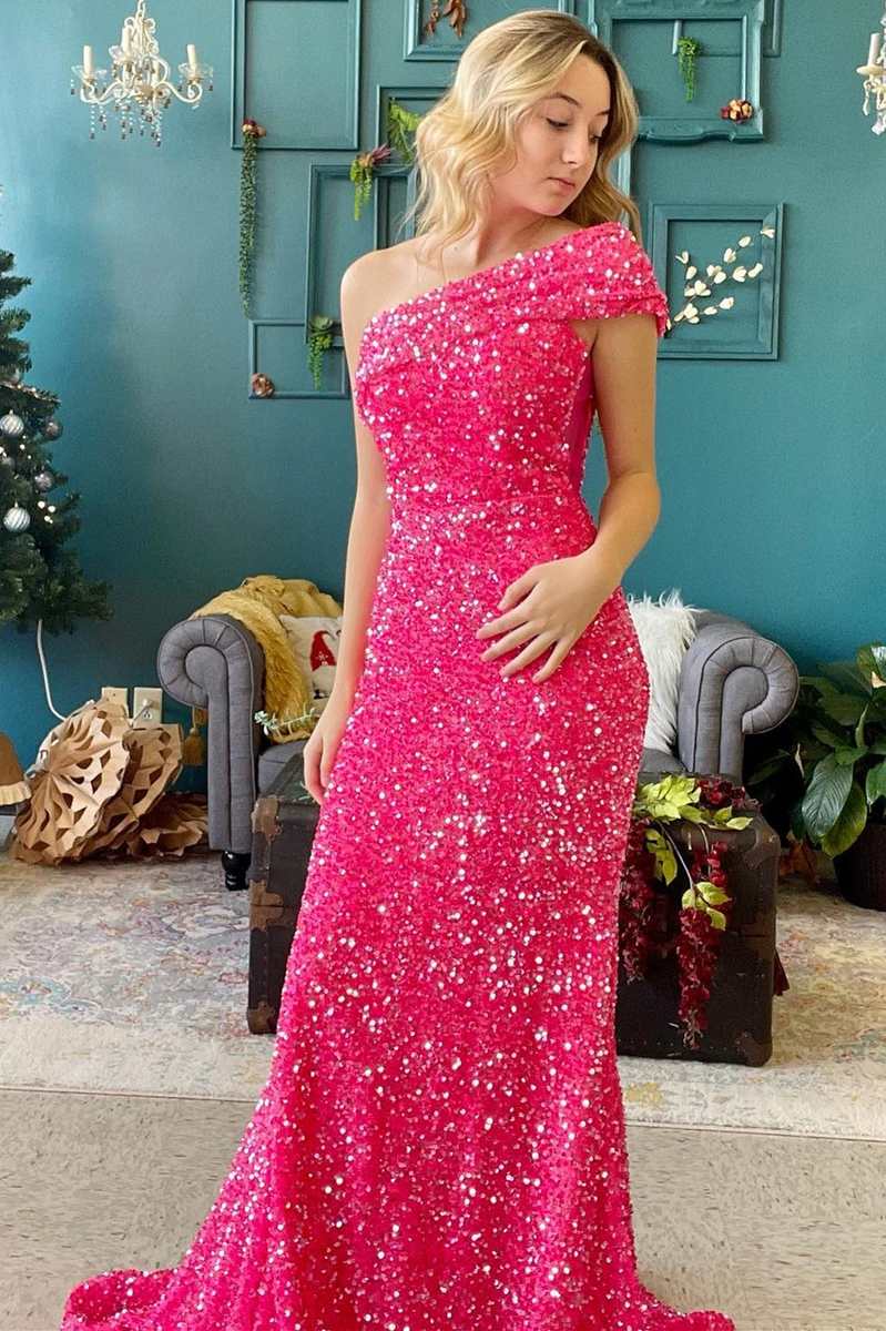 Hot Pink Sequin One-Shoulder Mermaid Long Prom Dress
