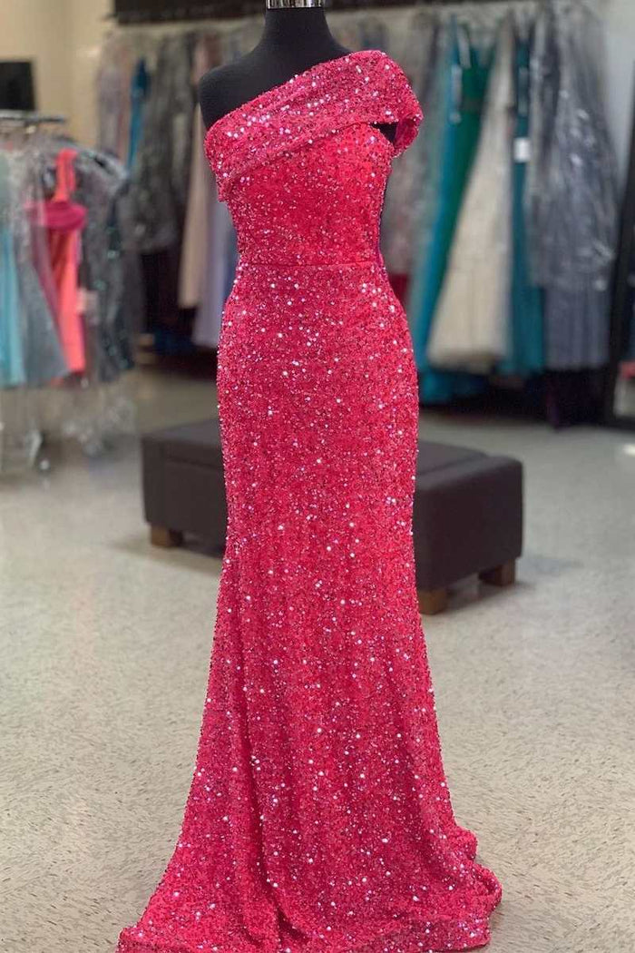 Hot Pink Sequin One-Shoulder Mermaid Long Prom Dress