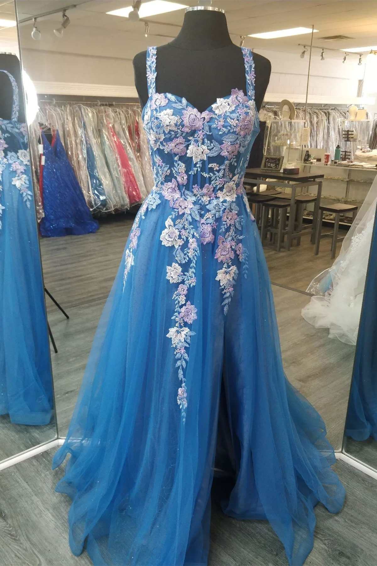 Blue Sweetheart A-Line Prom Gown with Floral Appliques
