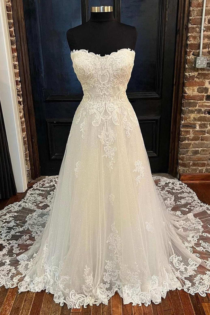 White Lace Tulle Strapless Long Bridal Gown