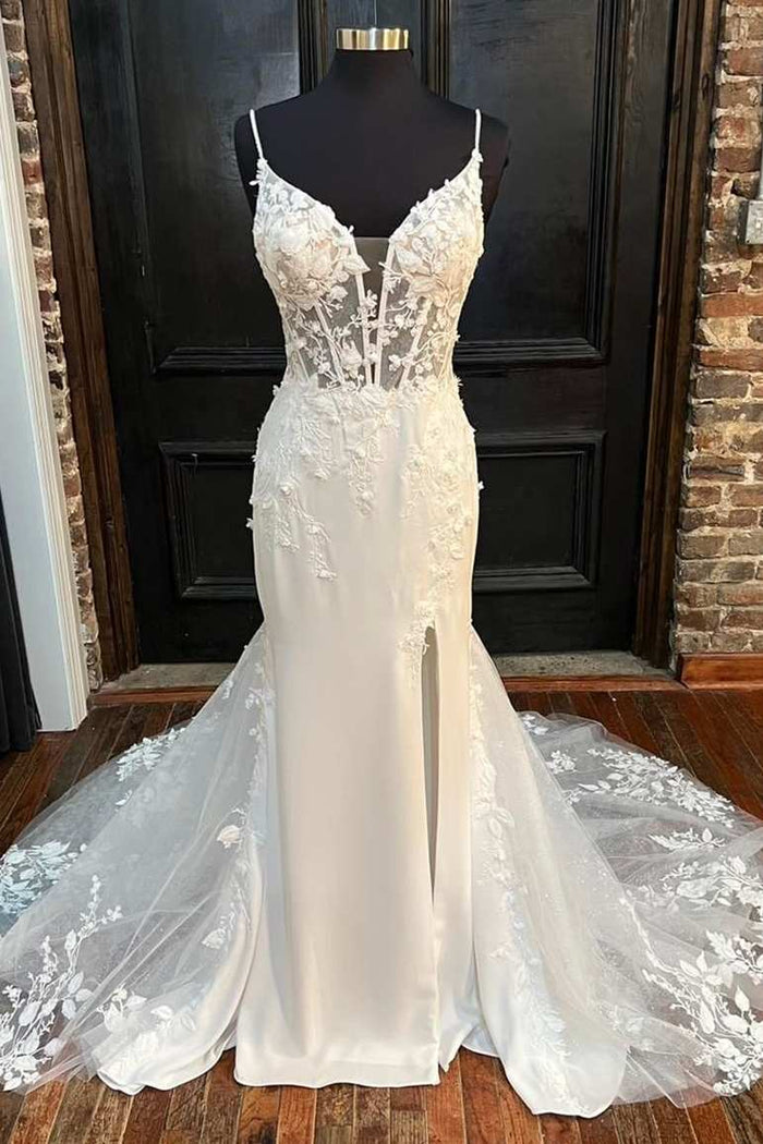 White Floral Lace Plunge V Mermaid Long Wedding Dress