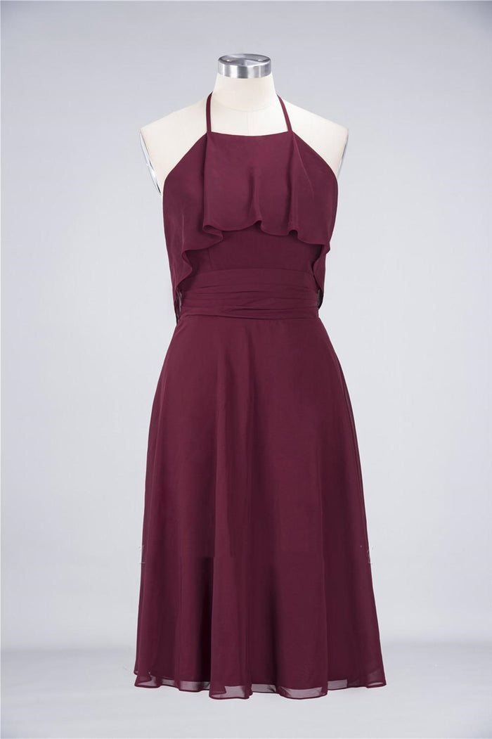 Burgundy Halter Backless Ruffled A-Line Short Dress