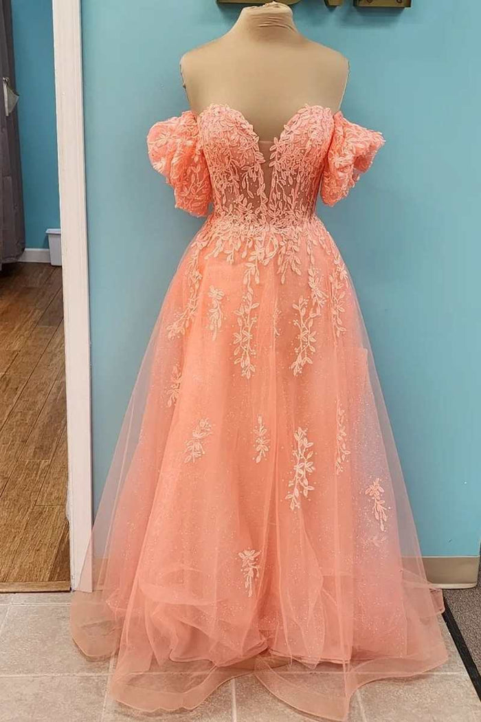 Peach Tulle Floral Lace Strapless A-Line Prom Gown with Puff Sleeves