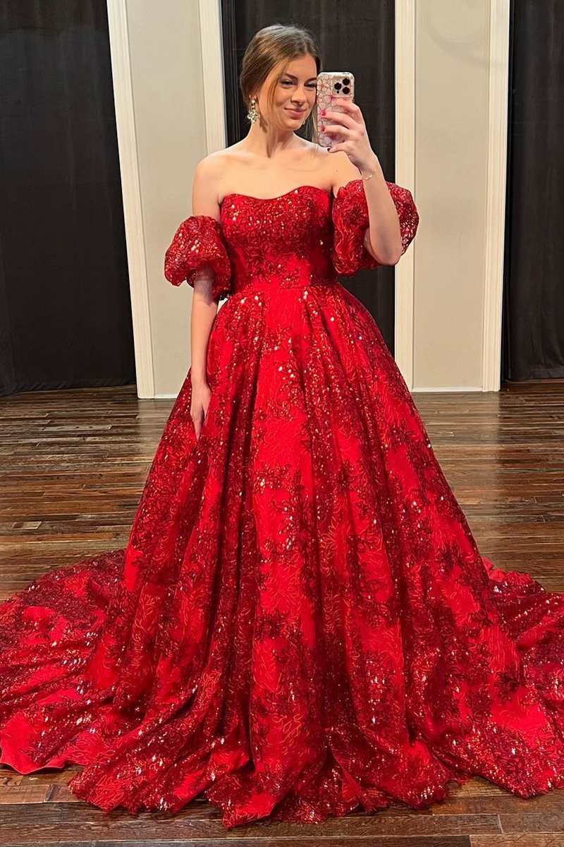 Red Sequin Prom Dress Long Sleeve High Slit Feather Pageant Dress 6712 –  Viniodress