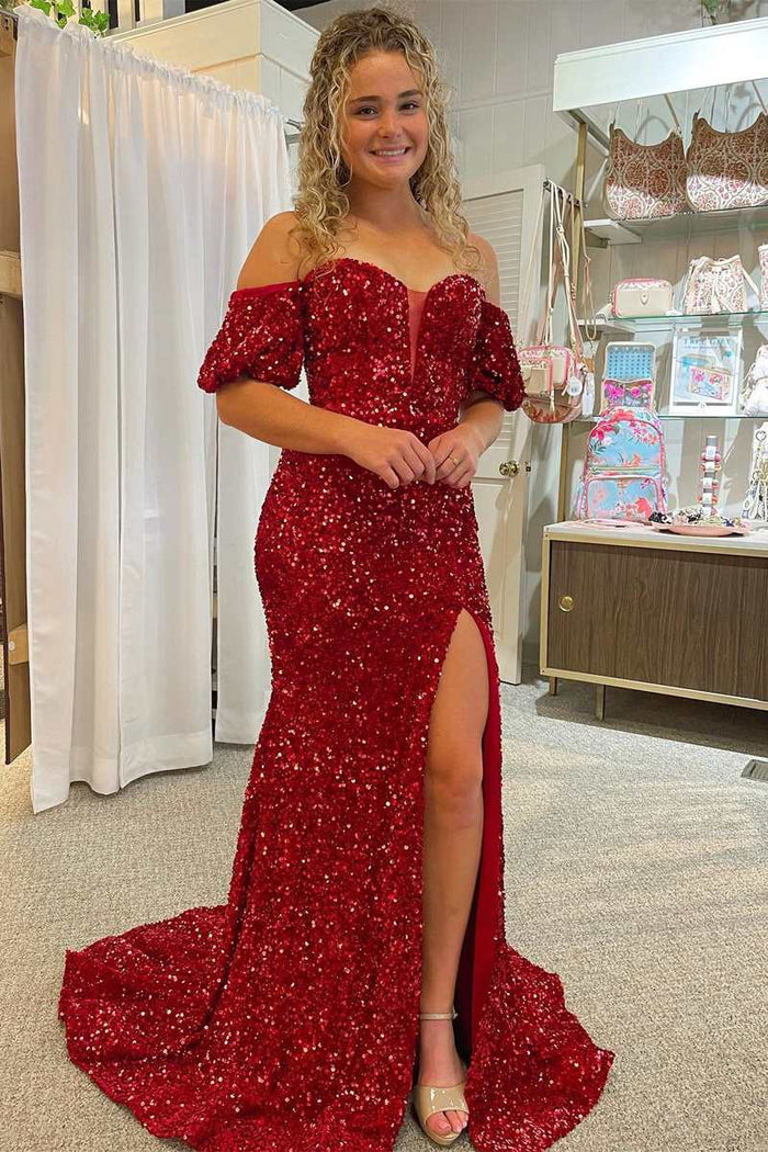Red Sequin Off-the-Shoulder Mermaid Long Prom Gown with Puff Sleeves