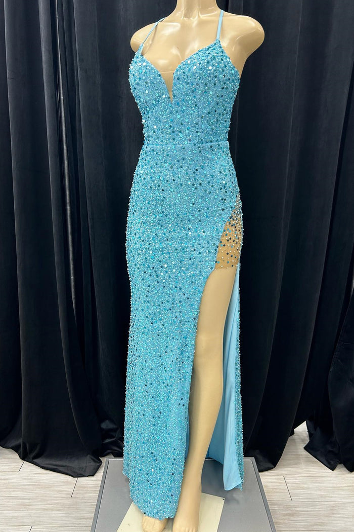 Blue Mermaid Sequins V Neck Lace-Up Back Long Prom Dress with Slit