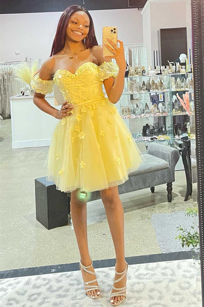 Yellow Off-the-Shoulder A-Line Short Homecoming Dress