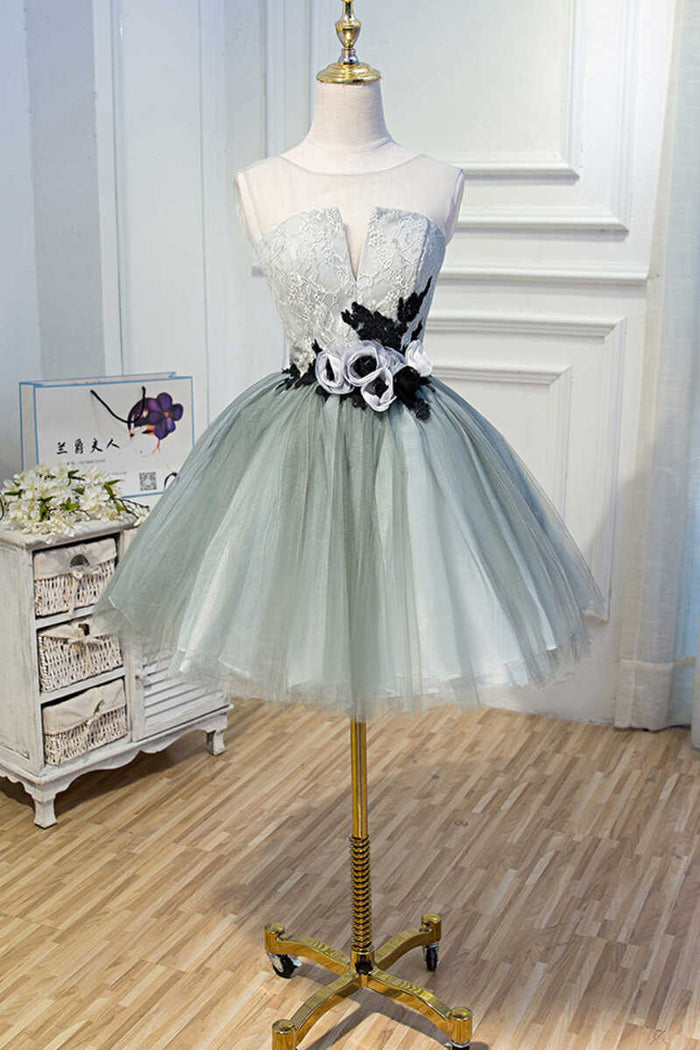 Princess Light Green Flower Sheer Back A-Line Short Party Dress