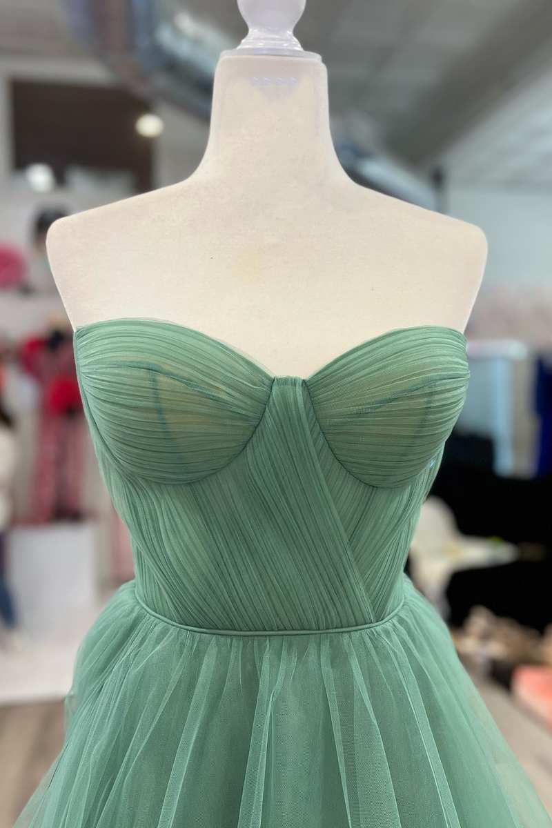 Green Strapless A-Line Long Prom Dress with 3D Flowers