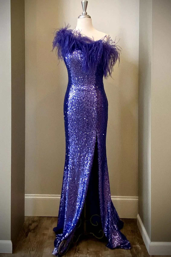Purple Sequin Feather One-Shoulder Long Formal Dress with Slit
