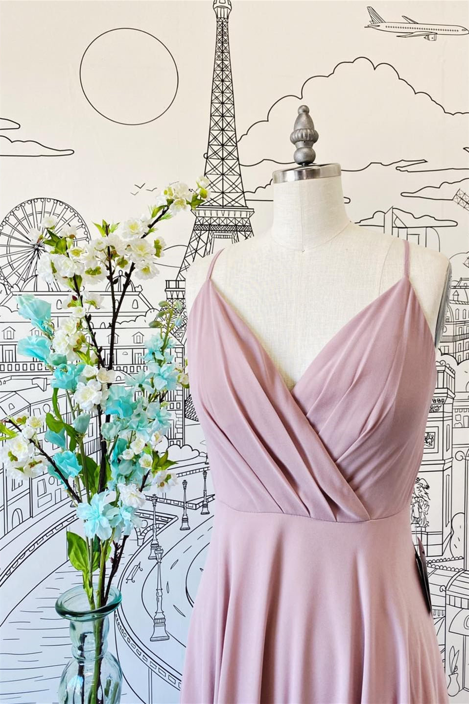 Pink V Neck Spaghetti Straps Pleated Chiffon Long Bridesmaid Dress