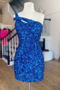 Blue Sequins One-Shoulder Keyhole Mini Homecoming Dress