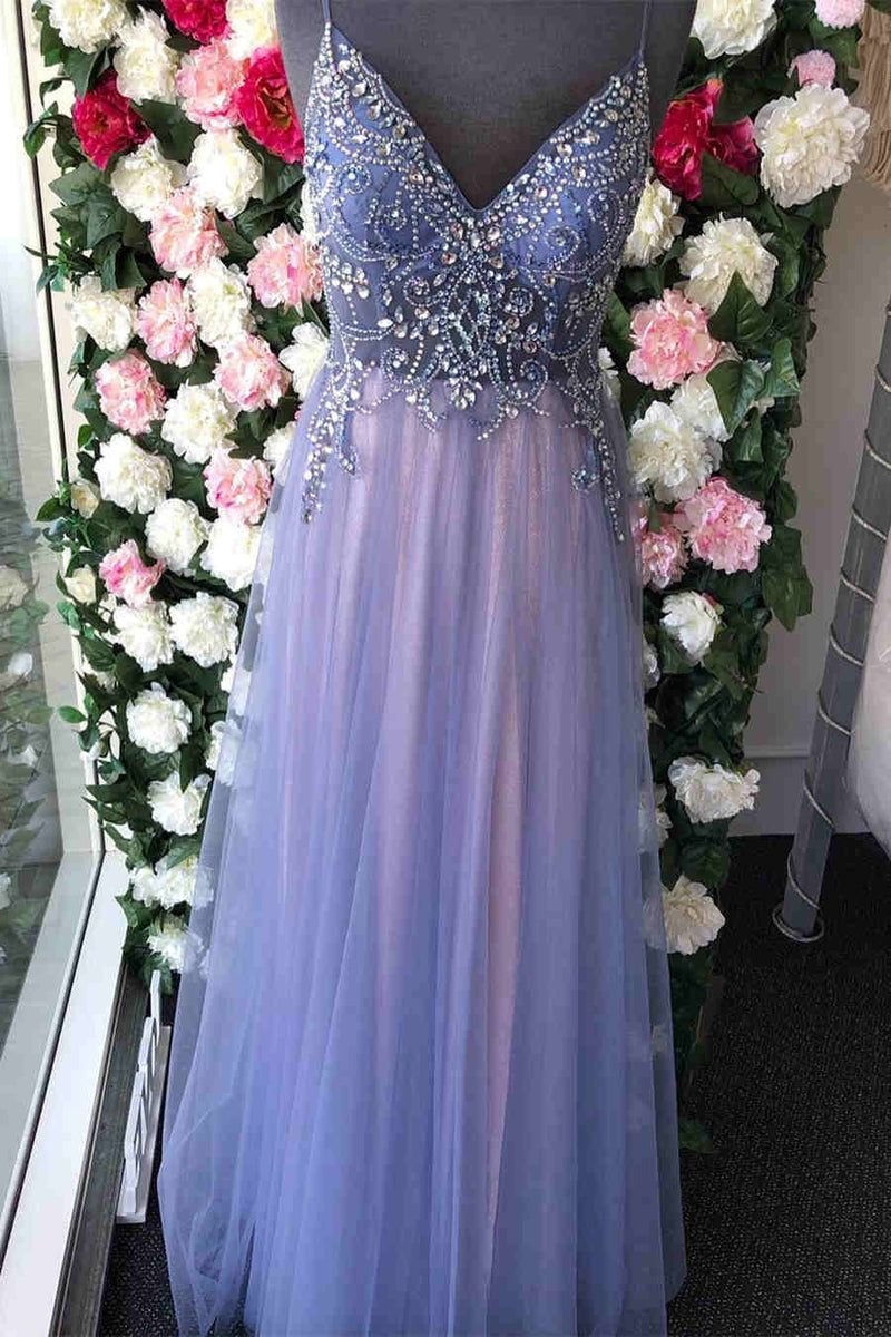 Straps A-Line Tulle Long Prom Dress with Crystal