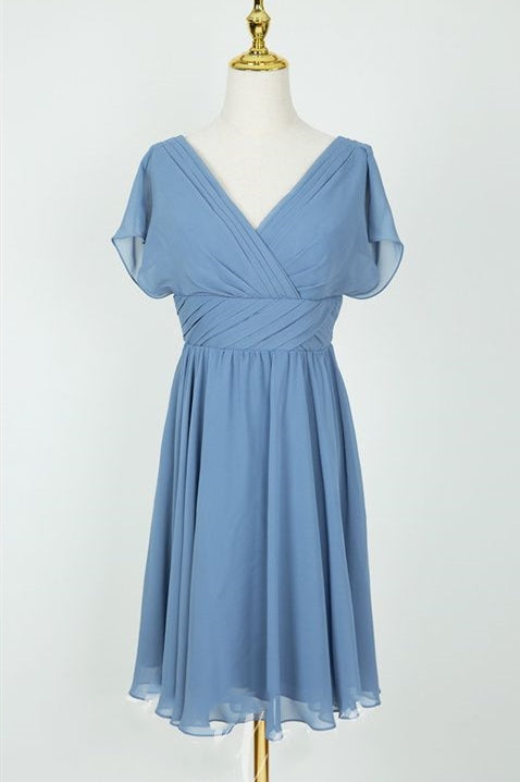 V-Neck Pleated Sky Blue Chiffon Bridesmaid Dress