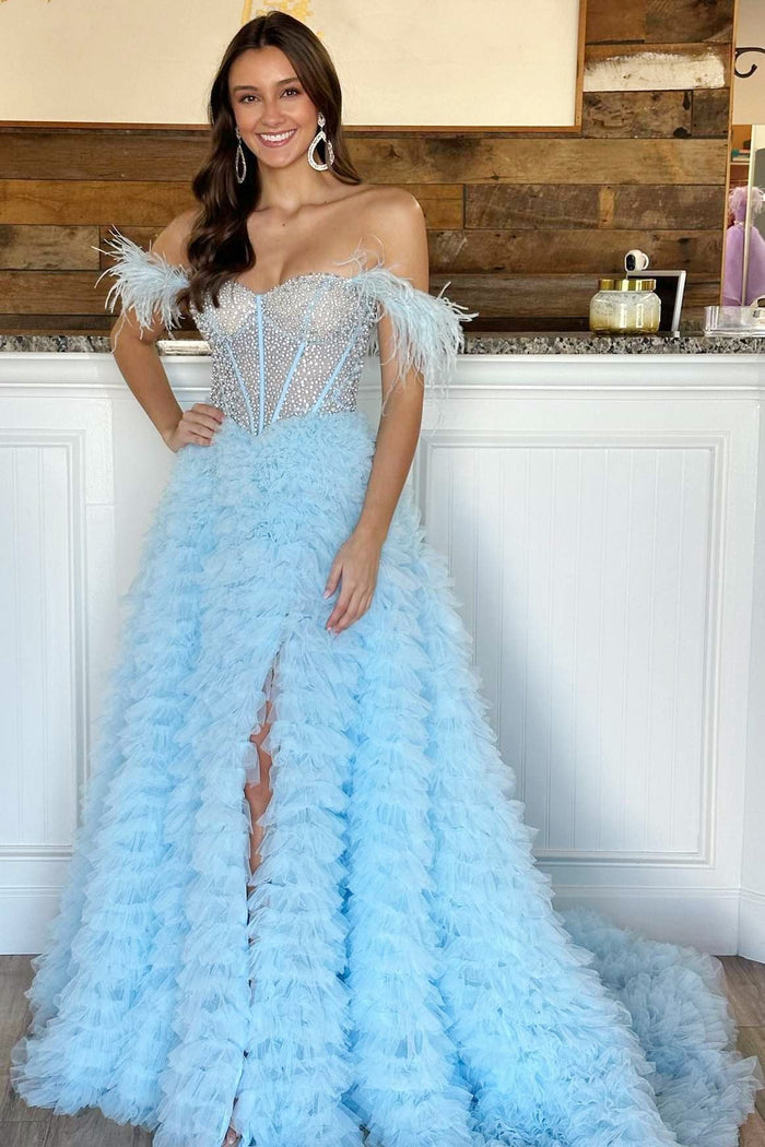 Hot Pink Beaded Feather Off-the-Shoulder Tiered Long Prom Dress with Slit