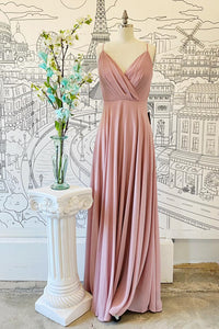 Pink V Neck Spaghetti Straps Pleated Chiffon Long Bridesmaid Dress