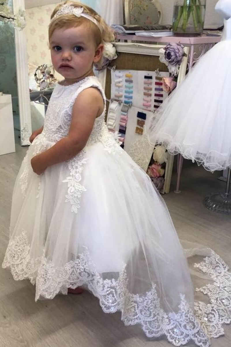 White Lace Cap Sleeve Flower Girl Dress