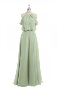Sage Green Chiffon Halter Blouson-Style Long Bridesmaid Dress