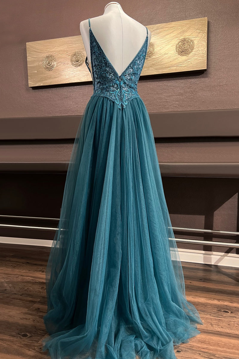 Pine A-line Plunging V Neck Appliques Sequins Tulle Long Prom Dress