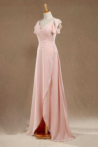 Blush Pink V-Neck Ruffled Long Bridesmaid Dress