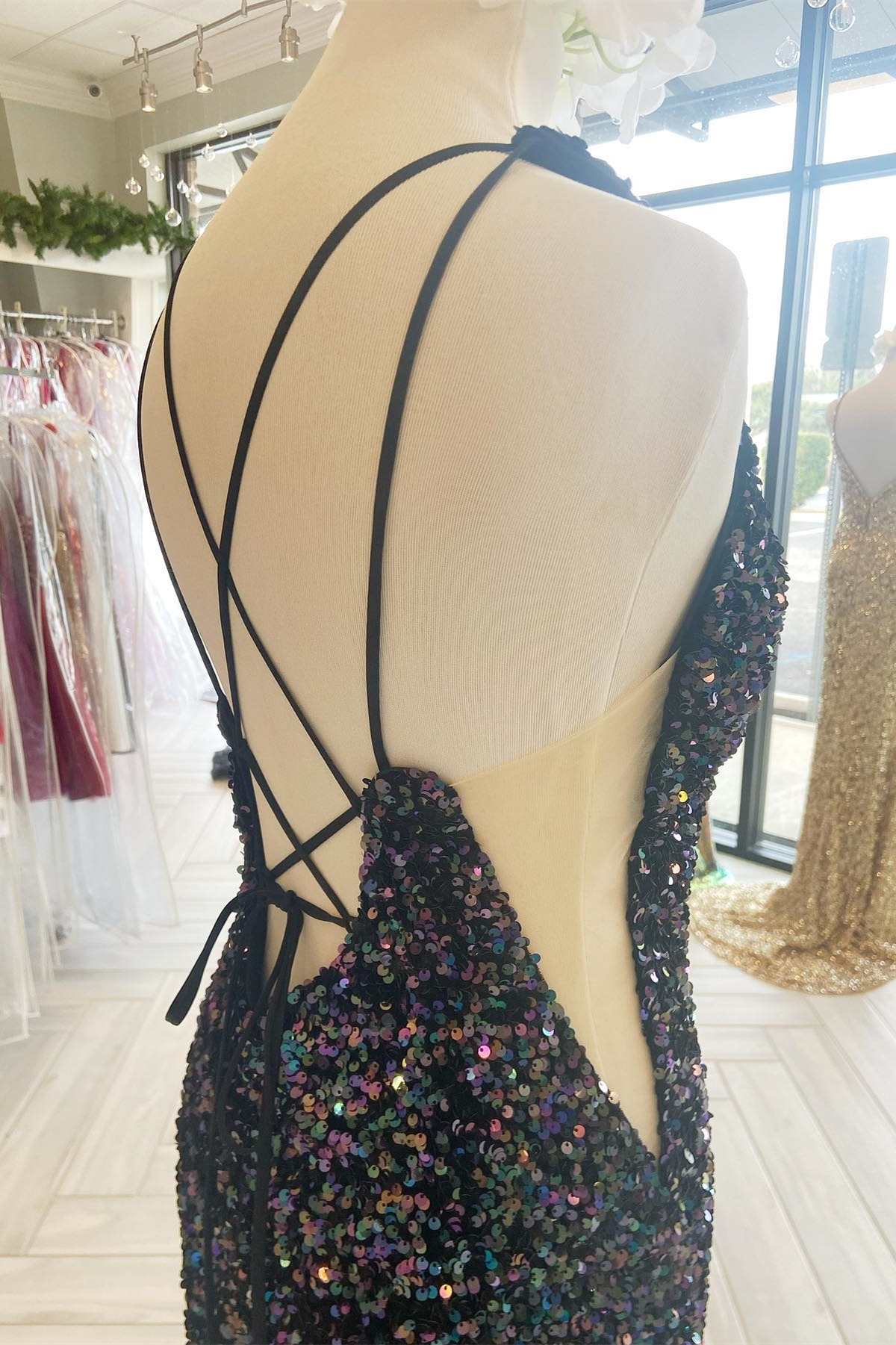 Black Iridescent Sequin Lace-Up Back Long Formal Dress with Slit