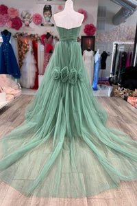 Green Strapless A-Line Long Prom Dress with 3D Flowers