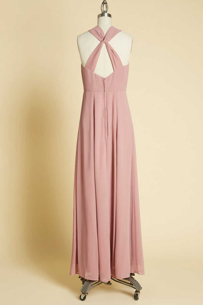 Dusty Pink Twist-Front Backless Long Formal Dress