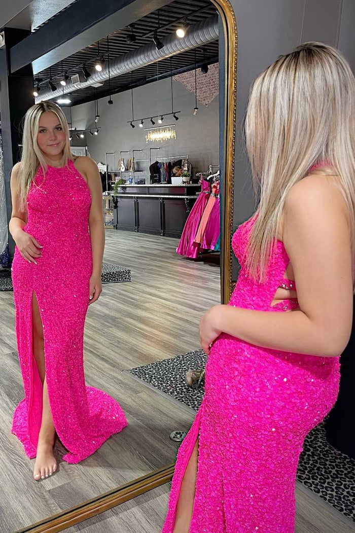 Hot Pink Sequins Halter Mermaid Long Prom Dress with Slit