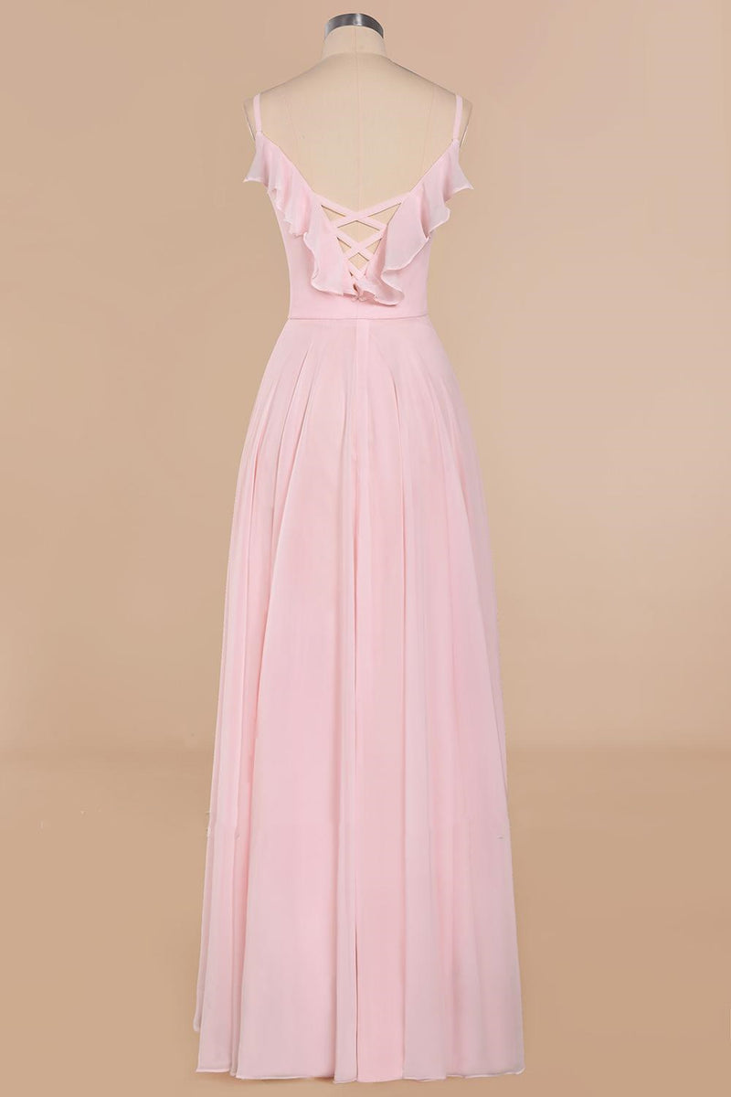 Pink Ruffle Lace-Up A-Line Long Bridesmaid Dress