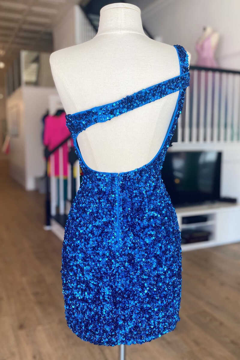 Blue Sequins One-Shoulder Keyhole Mini Homecoming Dress