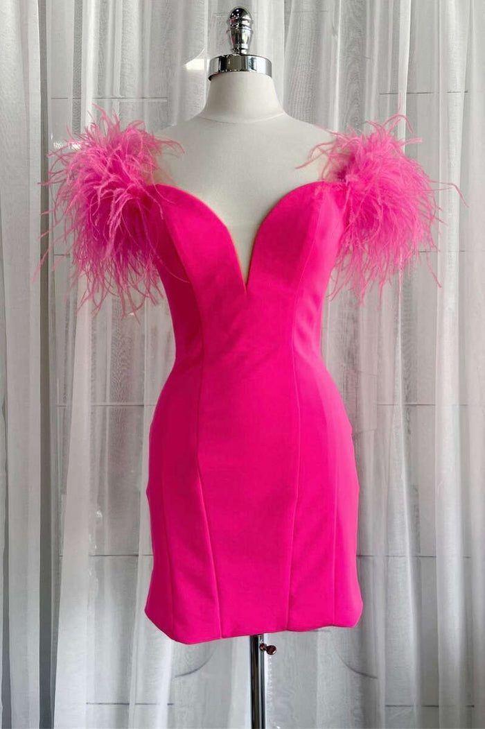 Feathers Hot Pink Off-the-Shoulder Short Cocktail Dress
